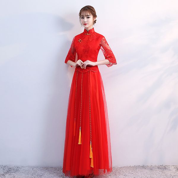 

royal classic red women banquet cheongsam noble formal full length chiffon shirt&skirt suit traditional tassel qipao vestidos