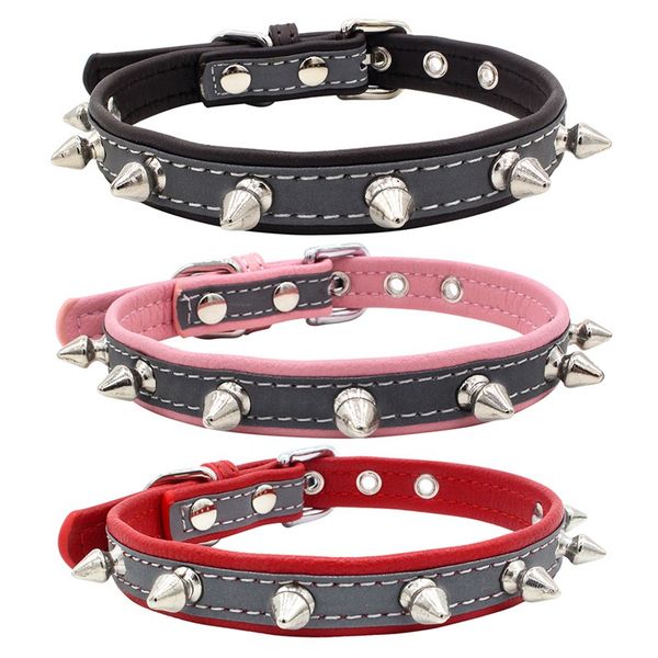 

adjustable pet dog collar leash pu leather reflective for dogs cat black red bone neck strap dog-collar harness night walking