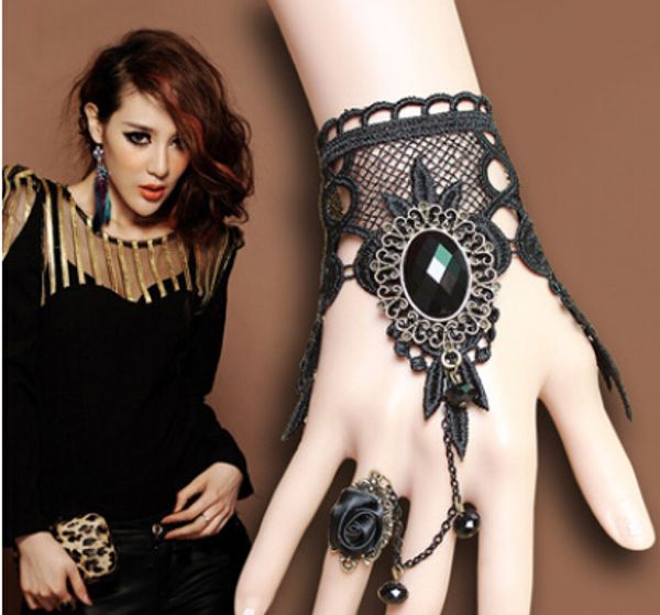 

fashion jewelry expert lace bracelets wedding accessories black charm bracelet with ring fashion classic elegant rose, Golden;silver