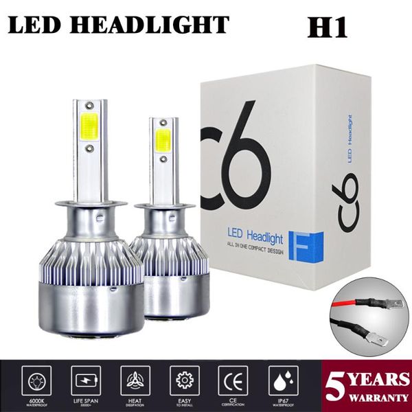 

2pcs h1 c6 car led headlight kit led h1 cob 6000k 36w 8000lm hi/lo beam turbo light white lamps bulbs