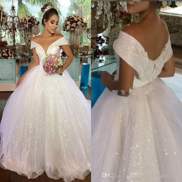 

sparkly ball gown wedding dresses capped off shoulder sweep train sequined plus size wedding dress vestido de novia customized bridal gowns, White