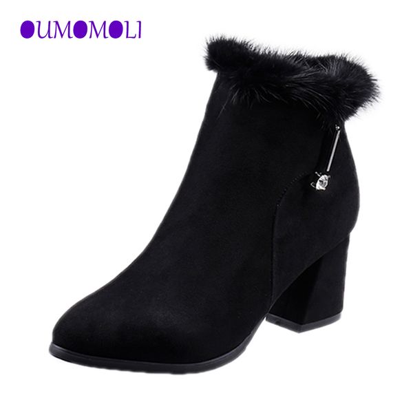 

2019 faux fur new winter warm woman ankle boots slip on creepers casual shoes woman high heel suede side zipper x544, Black