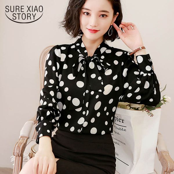 

2019 spring new style fashion bow polka dot lady shirt female long sleeve with chiffon temperament puff sleeve shirt 2463 50, White