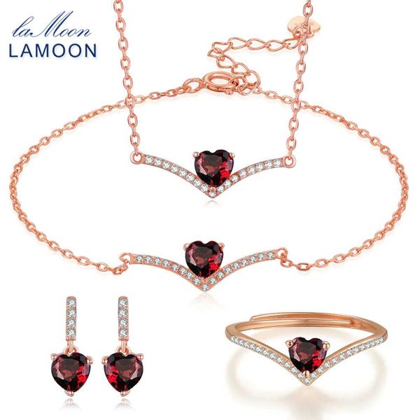

lamoon classic fine jewelry sets for women 100% natural heart love red garnet 925 sterling silver jewelry earring ring v004-1, Black