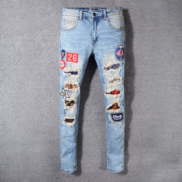 

New men 039 fa hion european and american high treet fa hion ripped jean badge embroidery light blue punk lim leg trou er men 039