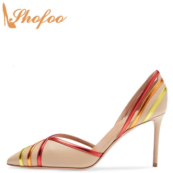 

rainbow d'orsay pointed toe stiletto high heels women pumps slip on large size 14 15 ladies summer fashion strap shoes shofoo, Black