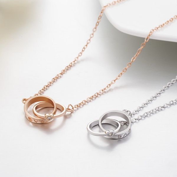 

925 sterling silver double ring love pendant necklaces with cubic zirconia silver rose gold color jewelry gift wholesale cheap