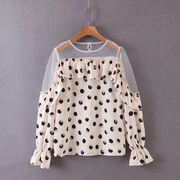 

new 2020 women vintage polka dot print ruffles casual blouse women perspective mesh patchwork chic shirts chemise ls6190, White