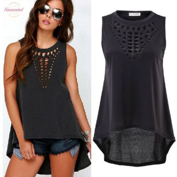 

local stock 2020 women shirts summer casual solid color hollow loose vest shirt sleeveless black o neck blouse, White