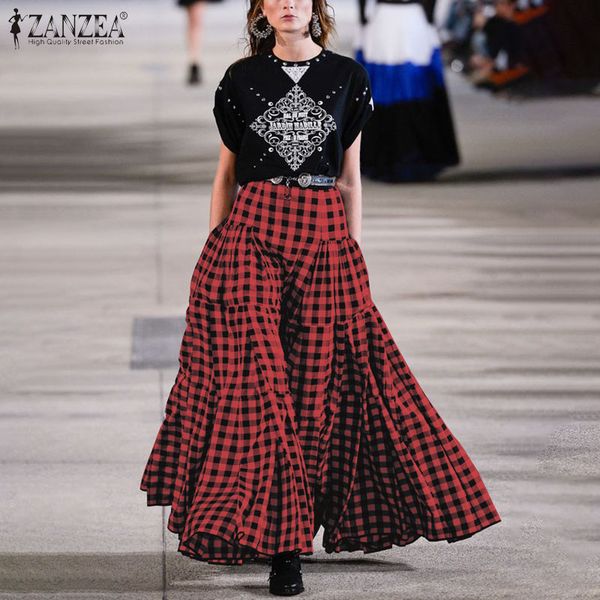 

stylish check skirts women's spring sundress zanzea 2020 causal high waist pleated long skirt female plaid faldas saia oversized, Black