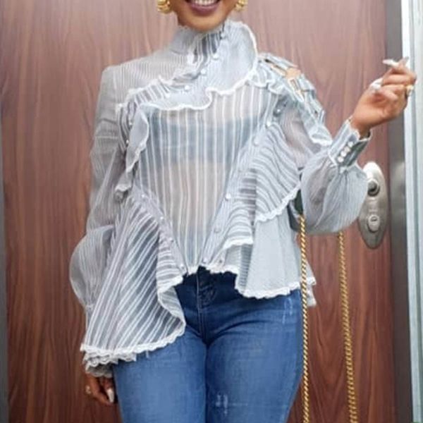 

summer elegant office ladies club women blouses casual plus size slim white lantern sleeve falbala mesh female shirts