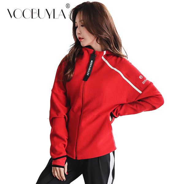 

voobuyla 2018autumn winter zipper running jacket women hooded fitness coat long sleeve sport yoga coat with pocket sportswear, Black;red