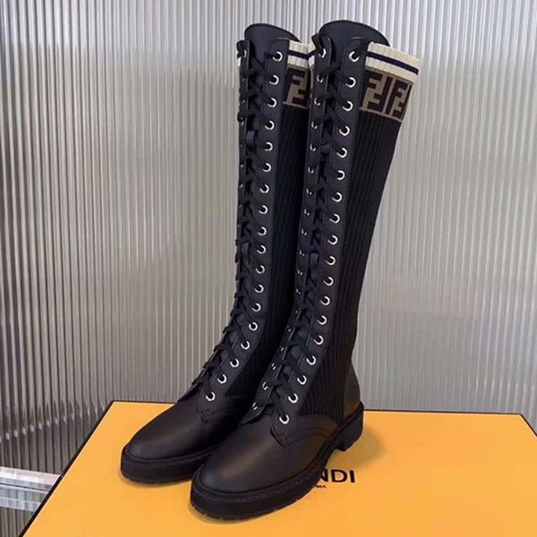 

2020 new autumn and winter leather stitching high boots women's straps wild socks boots genuine flat knit elastic boots, Black