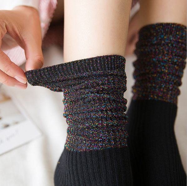 

gtglad 2018 1 pair 6 colors shiny long socks autumn and spring new fashion glitter silver flanging wild in tube socks, Black;white
