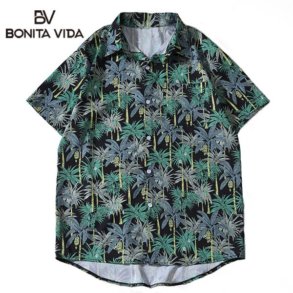 

bonita vida palm coconut trees print hawaiian shirts summer men casual short sleeve beach camp aloha holiday shirt male, White;black