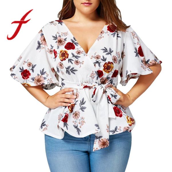 

feitong women's blouse plus size v neck floral print flare sleeve belted surplice peplum and blouse blusas feminina, White