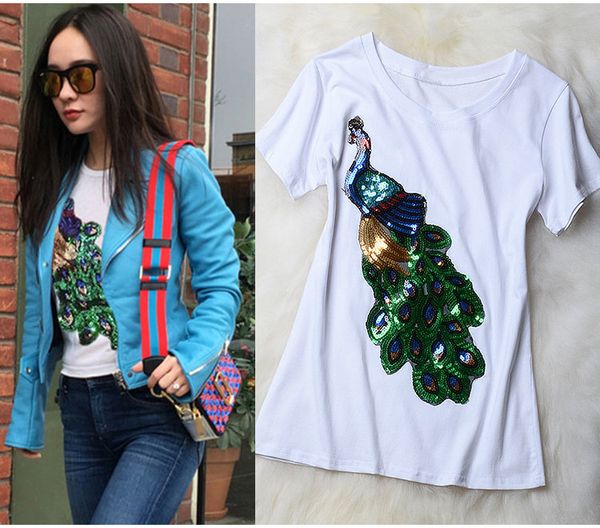 

t shirt women designer shirts nieuwe mode vrouwen elegante pauw o linen t shirt pailletten t shirt casual tees 4xl gratis, White