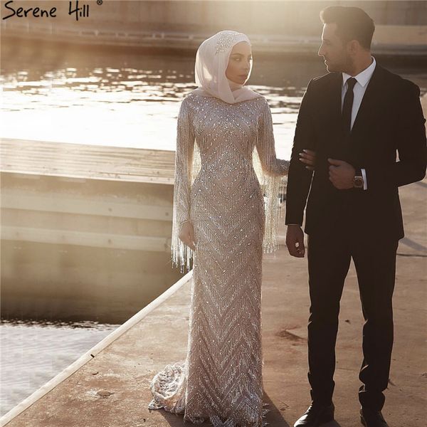 

muslim long sleeve diamond luxury prom dresses 2019 silver tassel beading prom gowns serene hill bla60855, White;black