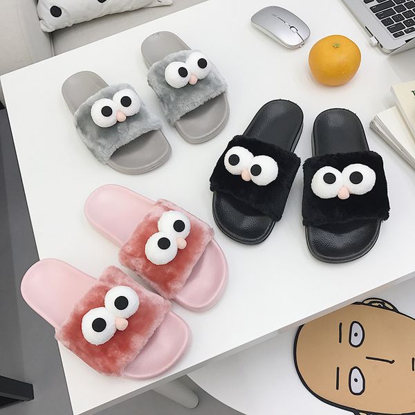 

plush eyes fretwork sandals women open toe fur flat slippers cute girls soft heels ladies autumn cozy slip on slides flipflops, Black