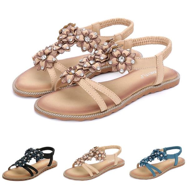 

summer bohemian sandals women's ladies fashion crystal floral open toe flat-bottomed shoes woman beach sandals low heels shoes#j, Black