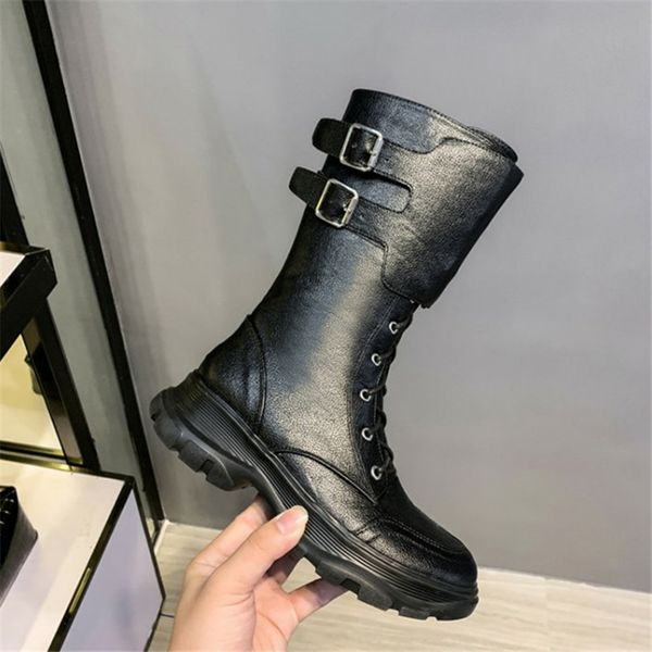 

motorcycle boots black leather winter shoes woman platform botas mujer buckles design mid-calf botines cross-tied combat boots