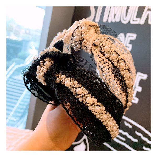 

dvacaman knot pearl hairband women wedding bridal hair accessories black lace headbands ladies wide korean style 2019 hair hoop, Golden;white