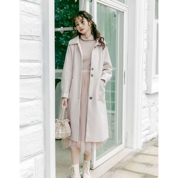 

single breasted woolen coat women 2020 autumn winter new long section korean loose jacket solid ladies outerwear woolen coat n7h, Black