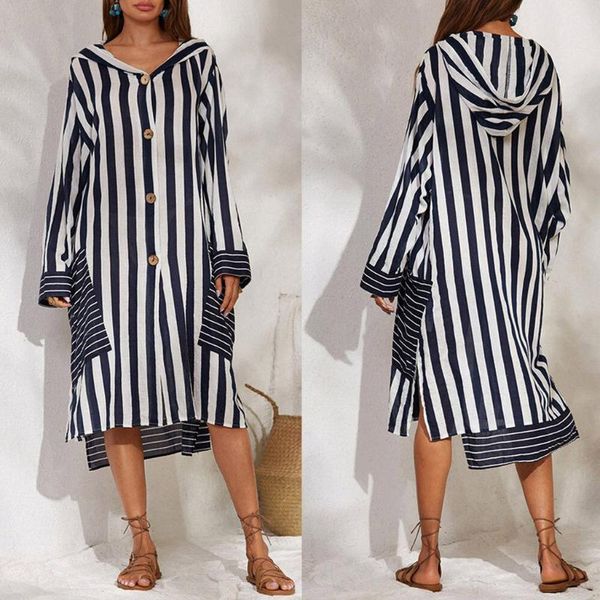 

casual dresses 2021 fashion for women autumn and winter stripe v-neck cap loose long sleeve ropa mujer l41, Black;gray