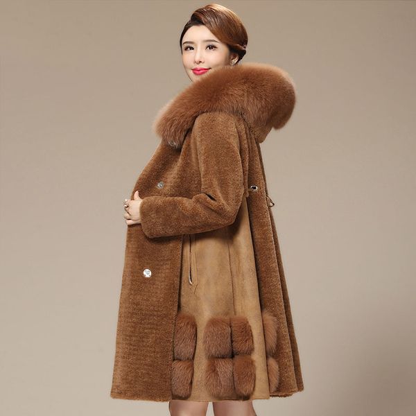 

real wool coat women natural fur collar hooded fur jacket new 2019 autumn winter, Black