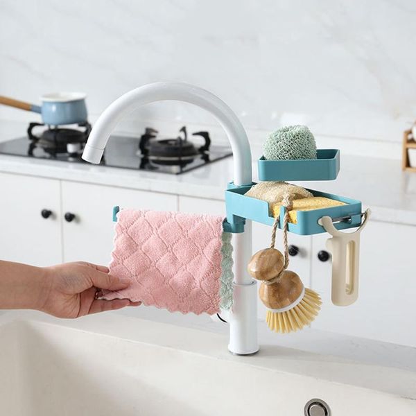 

kitchen faucet mount storage organizer punch square drain rack hanging shelf for brush sponge blue grey