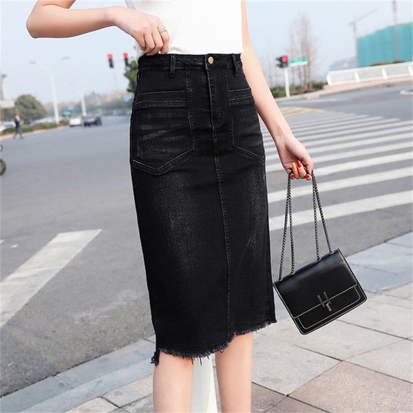 

skirts 2021 women's mid-length denim skirt high-rise stretch back split knee, Black