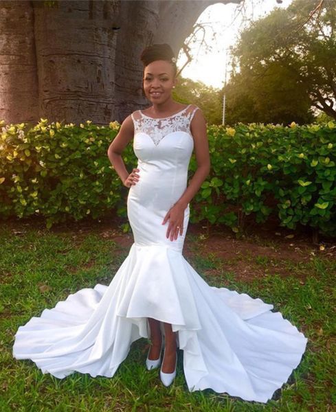 

modern african mermaid wedding dresses scoop zipper back lace satin bridal dresses sleeveless sweep train wedding gowns, White