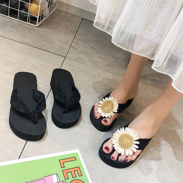 

house slippers platform beach shoes slipers women slides on a wedge med rubber flip flops flock sabot 2020 summer hawaiian, Black