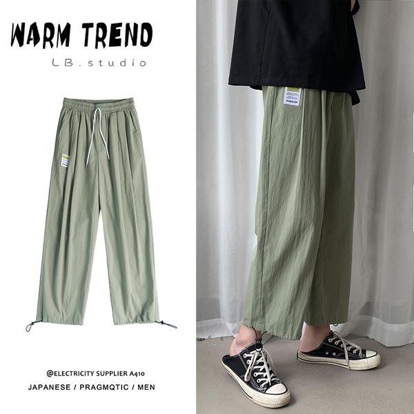 

straight casual pants men's fashion solid color drawstring joggers pants men sweatpants streetwear loose hip hop trousers mens, Black