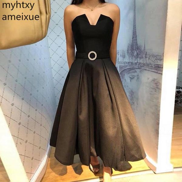 

event strapless black ankle length prom dress 2019 draped skirt simple satin a-line women formal party dresses short gowns, White;black