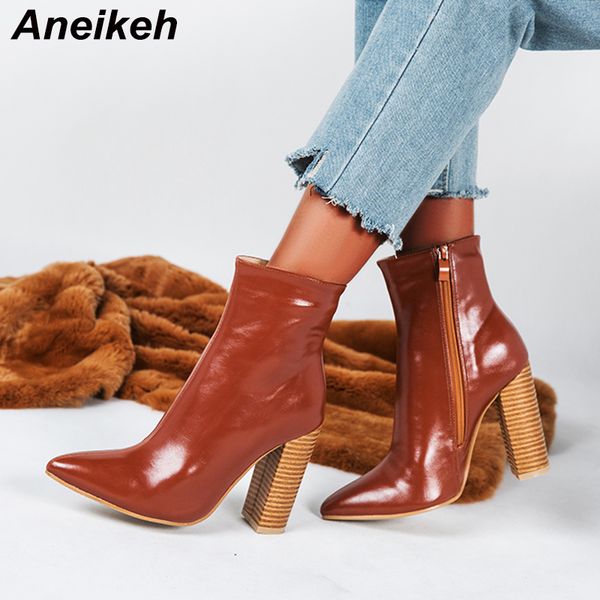 

aneikeh fashion brown ankle boots chunky high heels pu women autumn booties pointed toe party women pumps size41 42, Black