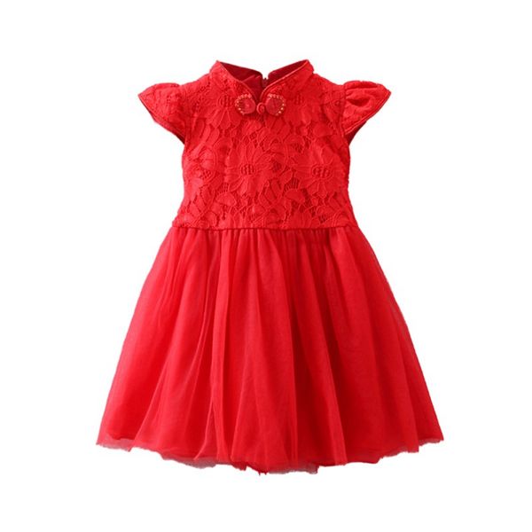

new girls short sleeve children chinese style dress cotton pageant button design new years dress, Red;yellow