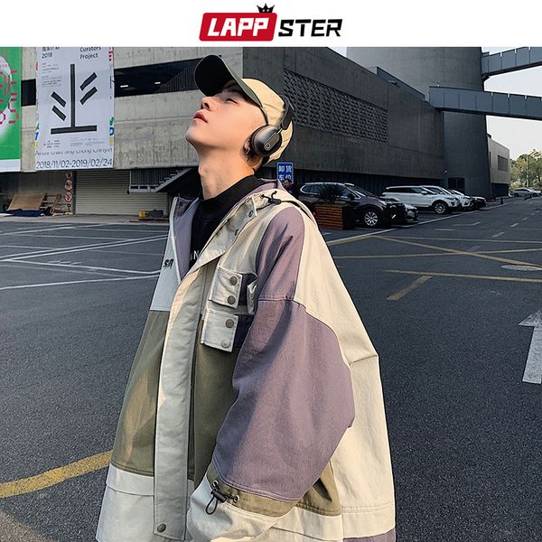 

lappster men oversized streetwear 2019 bomber jackets 2019 patchwork color block cargo windbreaker jackets coats korean clothes, Black;brown