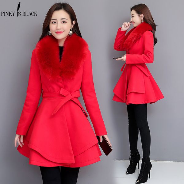 

pinkyisblack new 2019 autumn winter wool coat women long elegant wool blend coats female sweet preppy large fur coat outwear, Black