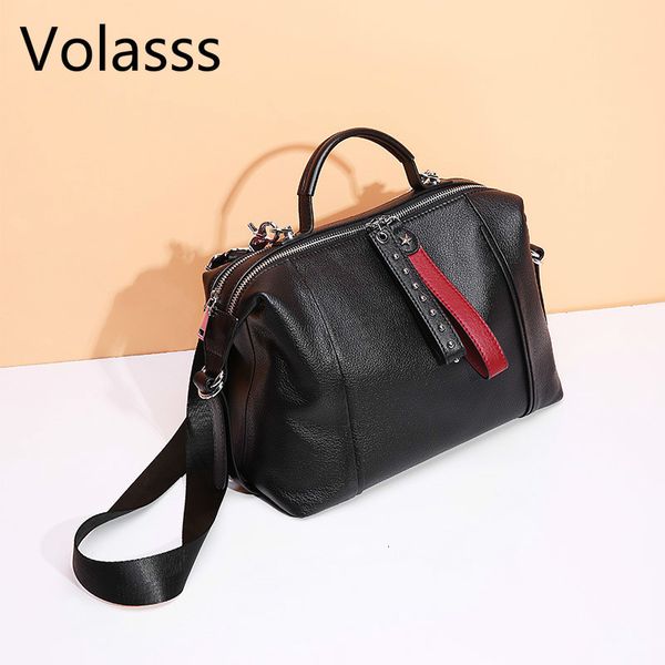 

new cowhide messenger rivets genuine leather black women handbag fashion british boston bag casual tote lady shoulder bags y200623