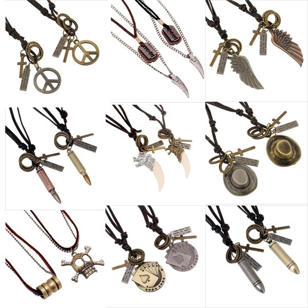 

100% genuine leather men necklaces pendants punk vintage adjustable brown rope chain male jewelry mens jewellery, Silver