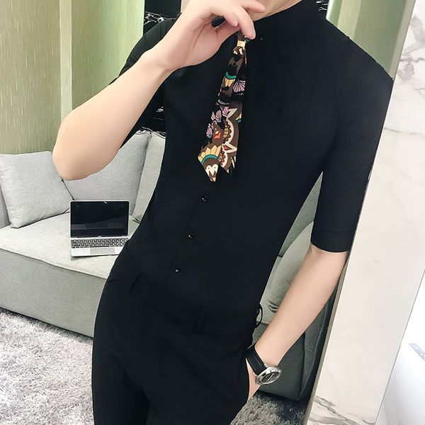 

british style half sleeve men dress shirt plus size 5xl party/prom/club tuxedo shirt slim fit streetwear casual shirts with tie, White;black