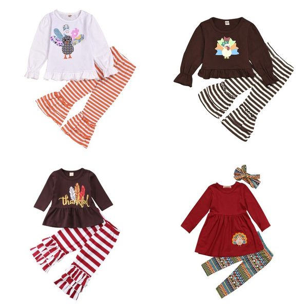

thanksgiving baby girls outfits kids turkey feather letter print stripe ruffle pants sets kids girl autumn clothing sets, White