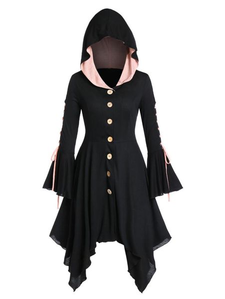 

rosegal large size hooded oat lace up halloween coat pleated a-line women long gothic button trench peplum long coat, Tan;black