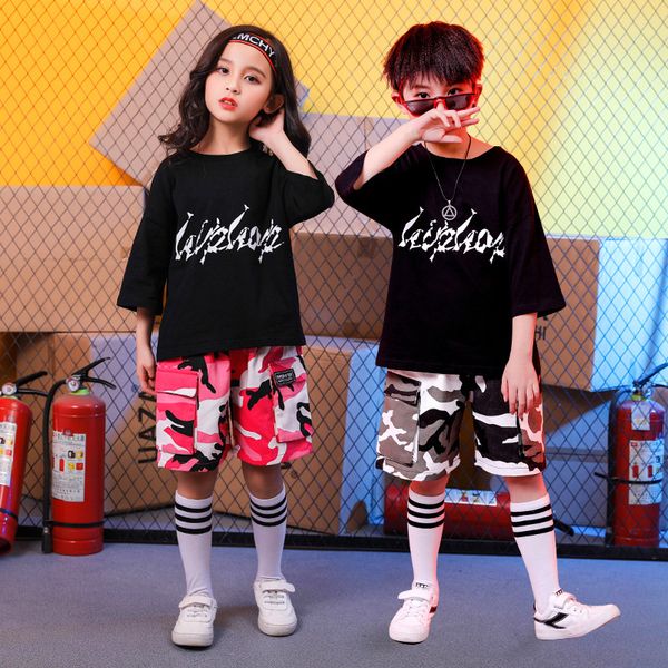 

kid hip hop clothing running oversized t shirt camouflage gym shorts for girls boys dance costumes ballroom dancing clothes, Black;red