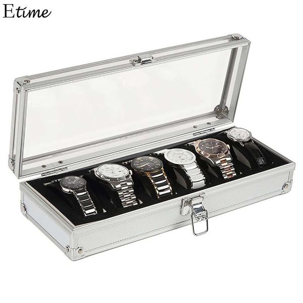 

6 grids aluminum acrylic watch box case holder organizer storage stand display watches boxes clock bracelet jewelry display box, Black;blue
