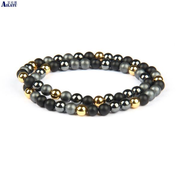 

ailatu two circles jewelry 6mm natural stone beads beaded double bracelet, Golden;silver