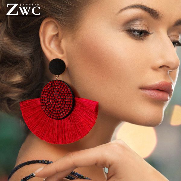 

zwc fashion bohemian tassel crystal big earrings black white red silk fabric drop dangle statement earrings for women jewelry, Silver
