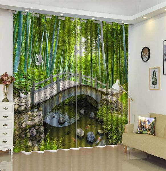 2019 Custom 3d Curtain Flying Green Bamboo Birds 3d Landscape