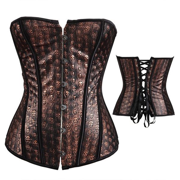 

women skulls printed steampunk corset black panels fashion plus size s-6xl overbust lace-up vintage pu leather brown gothic corset, Black;white